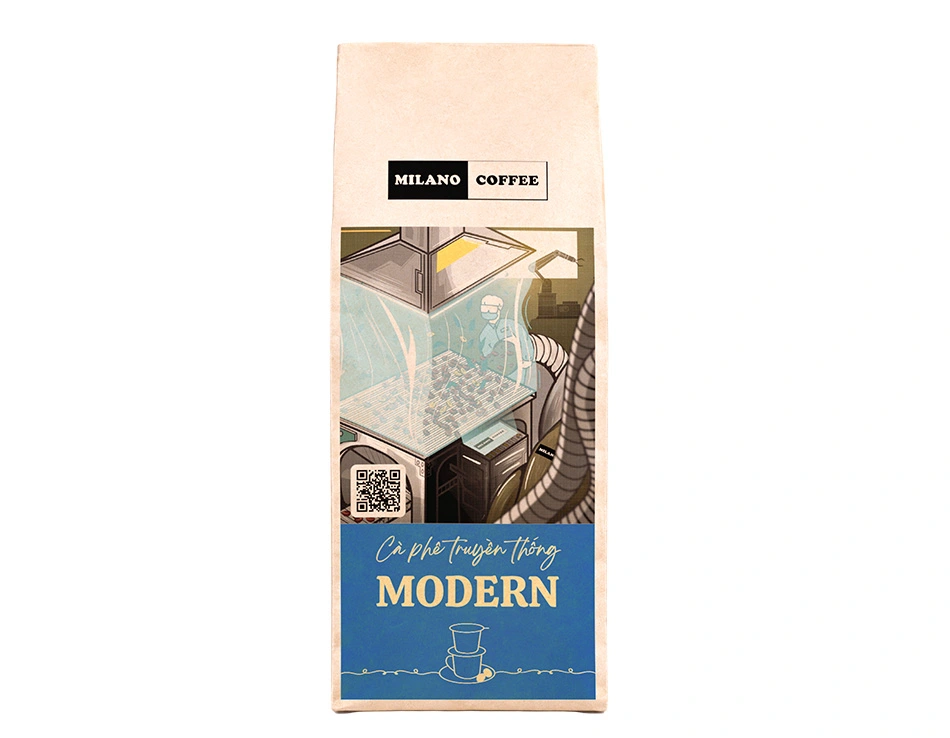 Cà phê truyền thống Modern Milano Coffee 100g bao bì túi giấy xanh dương in hình tranh vẽ phòng lab kiểm định chất lượng cà phê