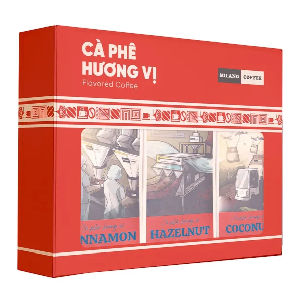 Hộp quà Cà Phê Hương Vị Milano Coffee màu đỏ gồm 3 vị Cinnamon Hazelnut và Coconut