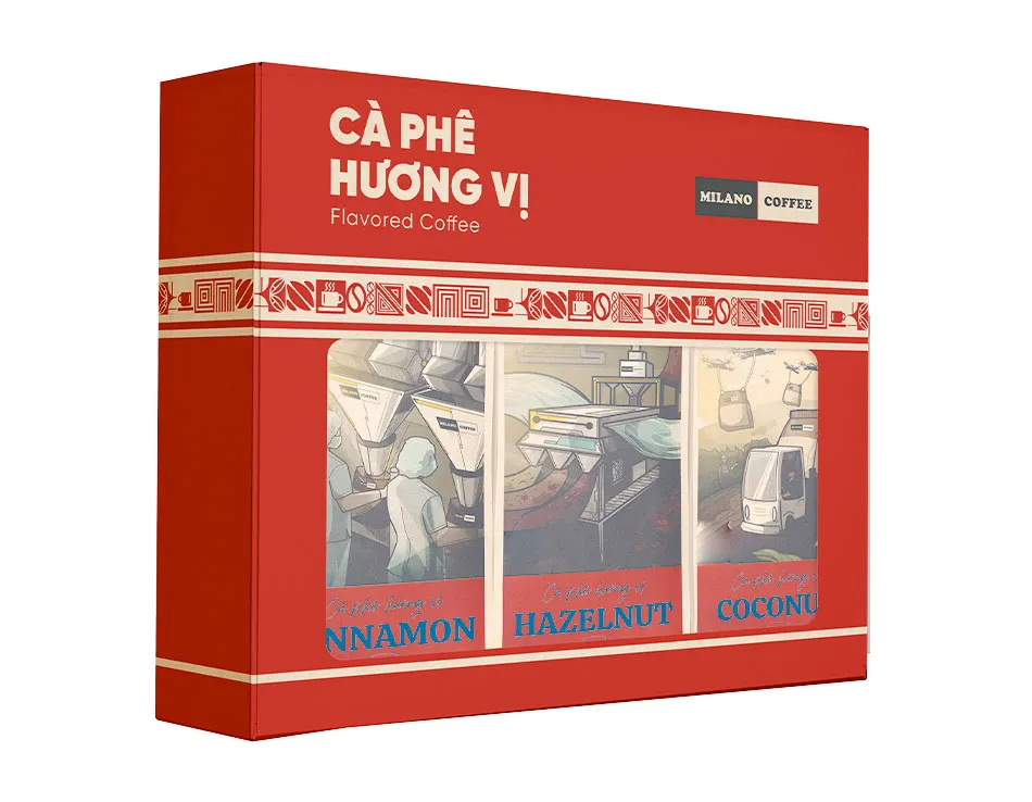 Hộp quà Cà Phê Hương Vị Milano Coffee màu đỏ gồm 3 vị Cinnamon Hazelnut và Coconut