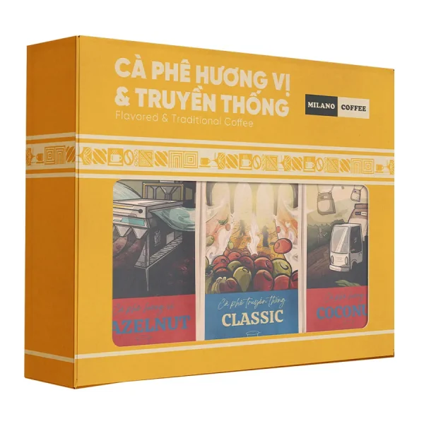 Hộp quà Cà Phê Hương Vị và Truyền Thống Milano Coffee màu vàng gồm 3 loại Hazelnut Classic và Coconut