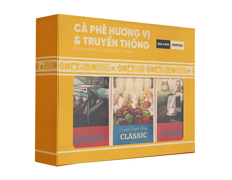 Hộp quà Cà Phê Hương Vị và Truyền Thống Milano Coffee màu vàng gồm 3 loại Hazelnut Classic và Coconut