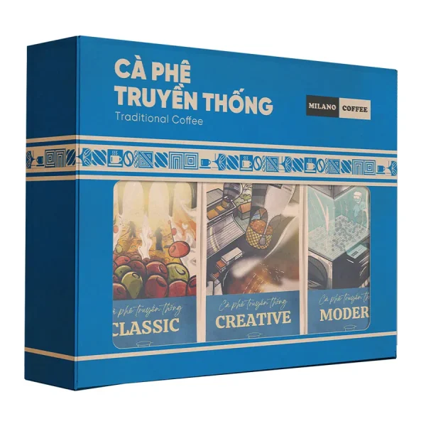 Hộp quà Cà Phê Truyền Thống Milano Coffee màu xanh dương gồm 3 loại Classic Creative và Modern