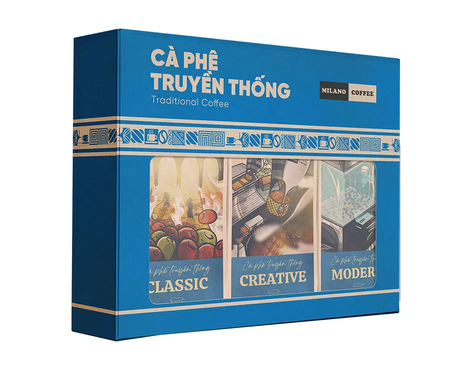 Hộp quà Cà Phê Truyền Thống Milano Coffee màu xanh dương gồm 3 loại Classic Creative và Modern