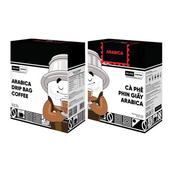 Bao bì hộp cà phê phin túi lọc Arabica Milano Coffee 60g phối màu đen trắng độc đáo kèm thông số dinh dưỡng