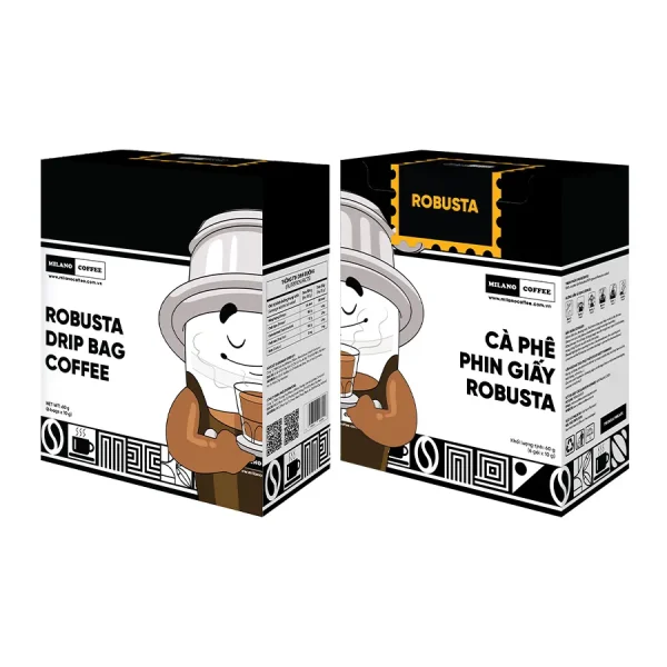 Bao bì hộp cà phê phin giấy Robusta Milano Coffee 60g tem vàng cam in hình mascot phin cà phê và hướng dẫn sử dụng